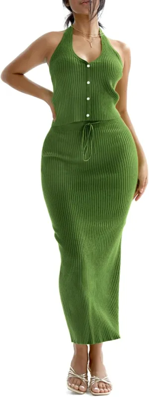 CHERFLY Womens 2 Piece Outfits 2025 Summer Sweater Skirt Sets Halter Top Midi Bodycon Dress