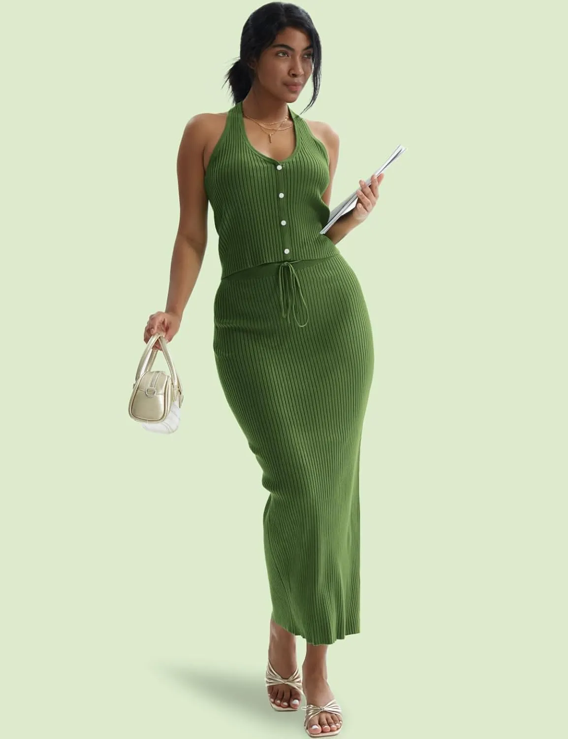 CHERFLY Womens 2 Piece Outfits 2025 Summer Sweater Skirt Sets Halter Top Midi Bodycon Dress