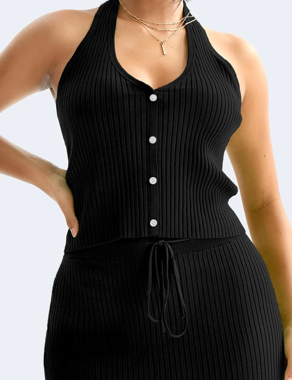 CHERFLY Womens 2 Piece Outfits 2025 Summer Sweater Skirt Sets Halter Top Midi Bodycon Dress