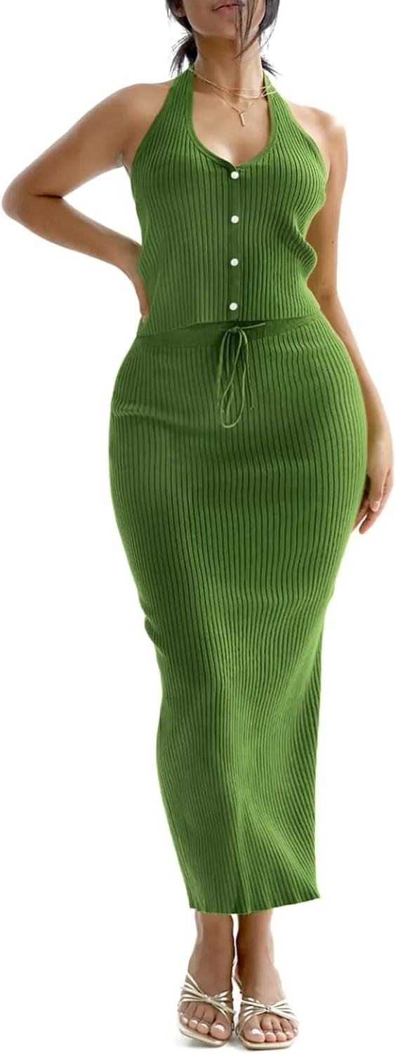 CHERFLY Womens 2 Piece Outfits 2025 Summer Sweater Skirt Sets Halter Top Midi Bodycon Dress