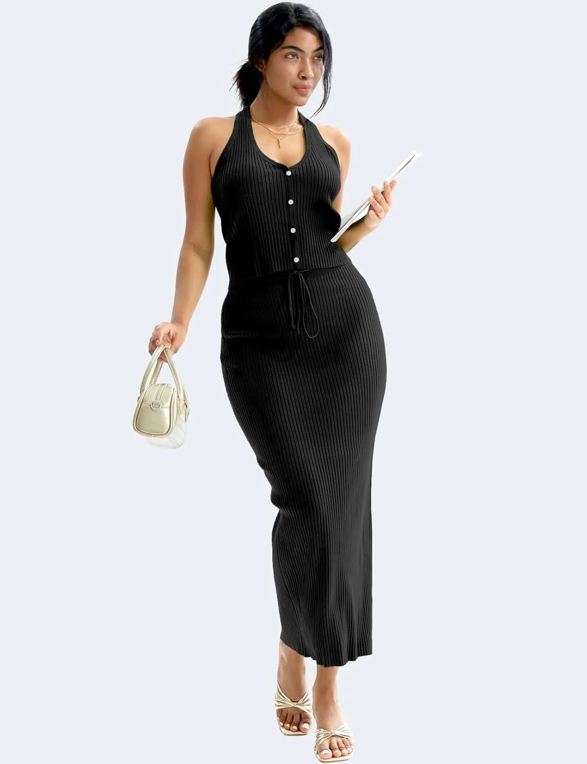 CHERFLY Womens 2 Piece Outfits 2025 Summer Sweater Skirt Sets Halter Top Midi Bodycon Dress