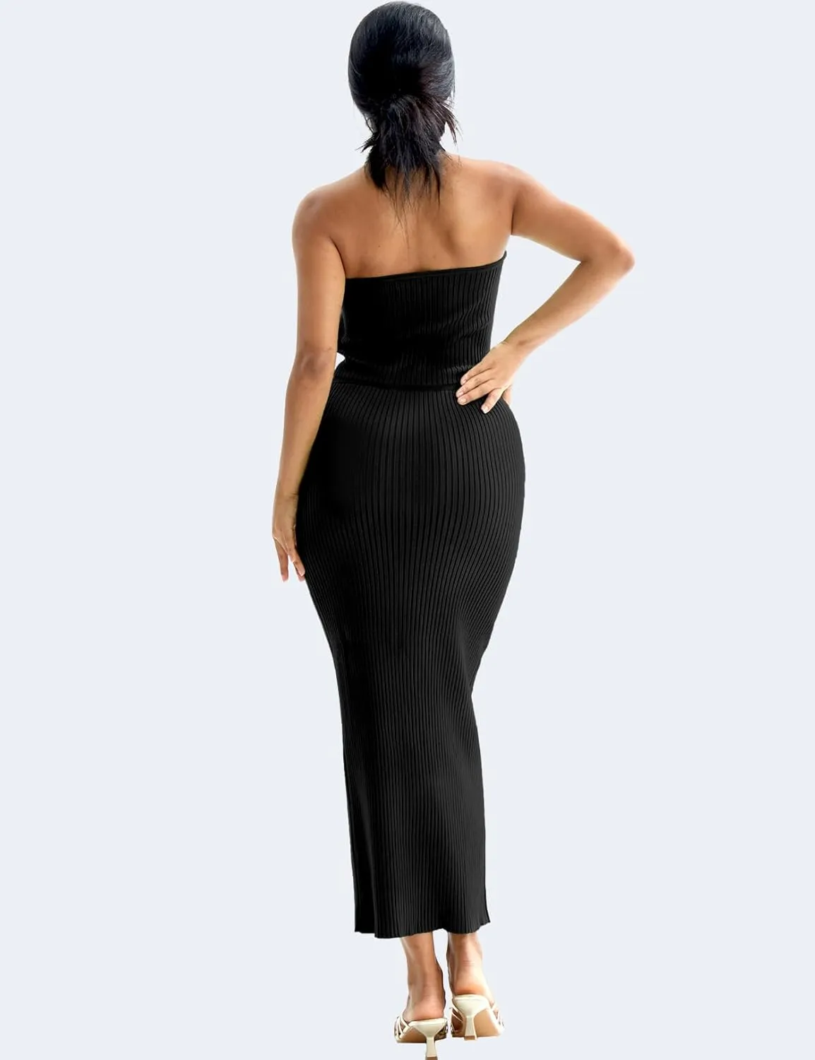 CHERFLY Womens 2 Piece Outfits 2025 Summer Sweater Skirt Sets Halter Top Midi Bodycon Dress