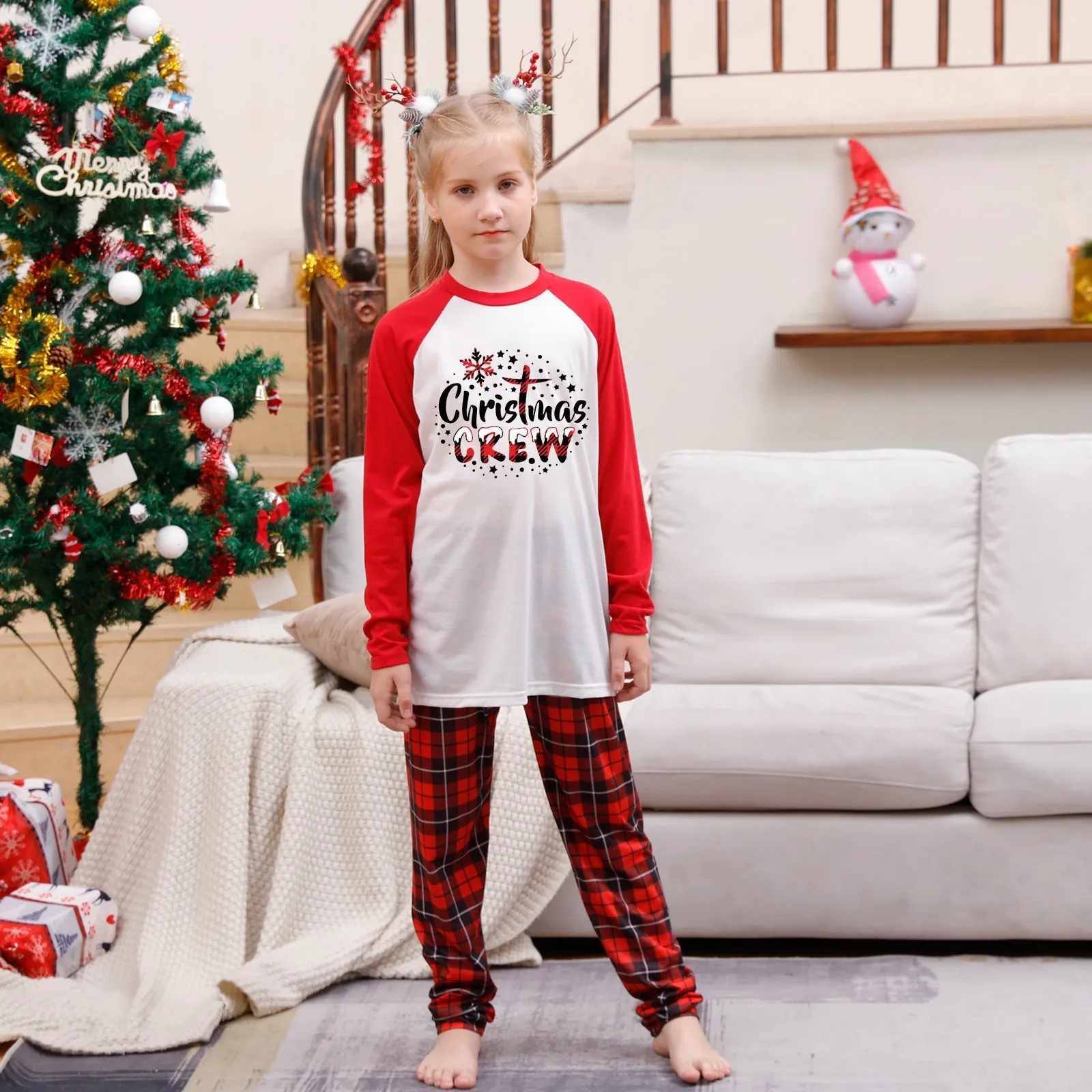 Christmas Crew red plaid parent-child matching pajamas cartoon print
