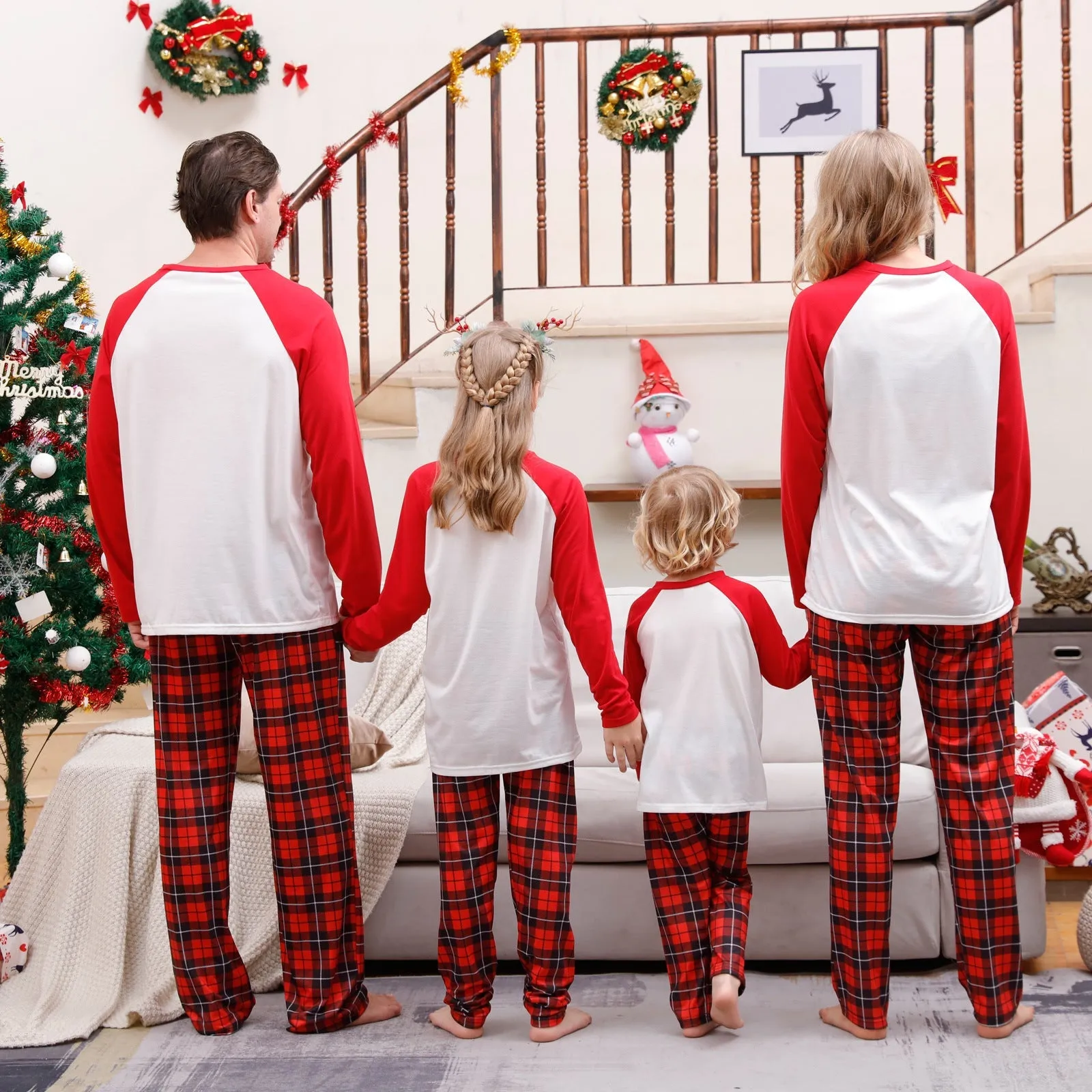 Christmas Crew red plaid parent-child matching pajamas cartoon print