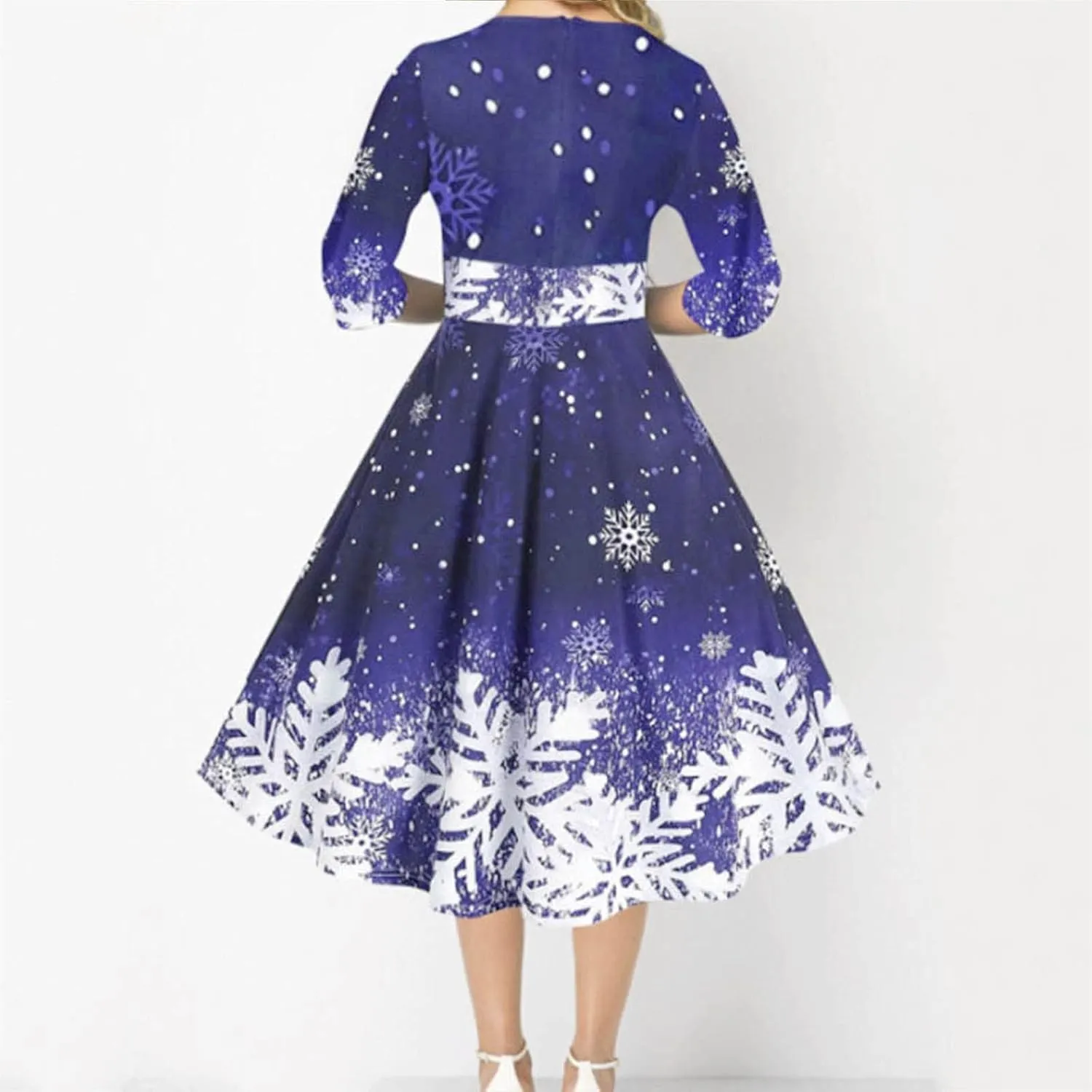 Christmas Dress Retro Fashion Christmas Print Round Neck Half Sleeve Tunic Dress Holiday Party Midi Swing Dress
