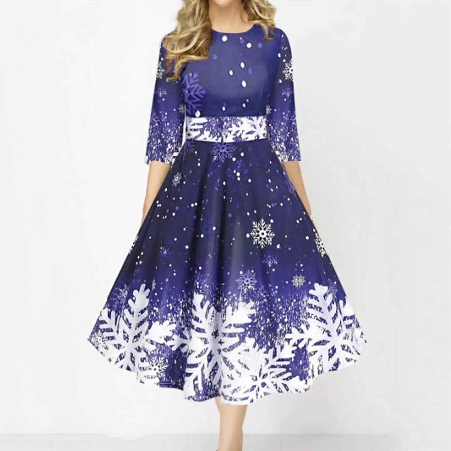 Christmas Dress Retro Fashion Christmas Print Round Neck Half Sleeve Tunic Dress Holiday Party Midi Swing Dress