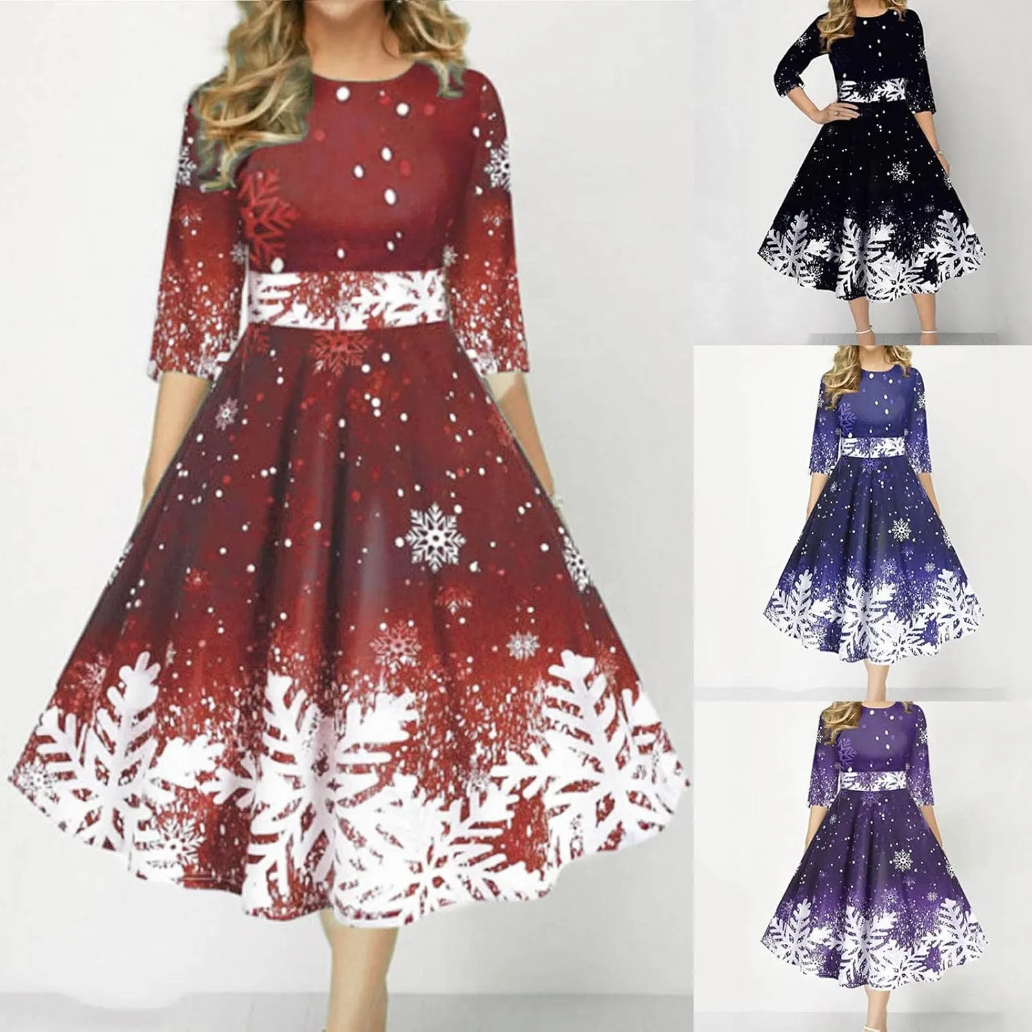 Christmas Dress Retro Fashion Christmas Print Round Neck Half Sleeve Tunic Dress Holiday Party Midi Swing Dress