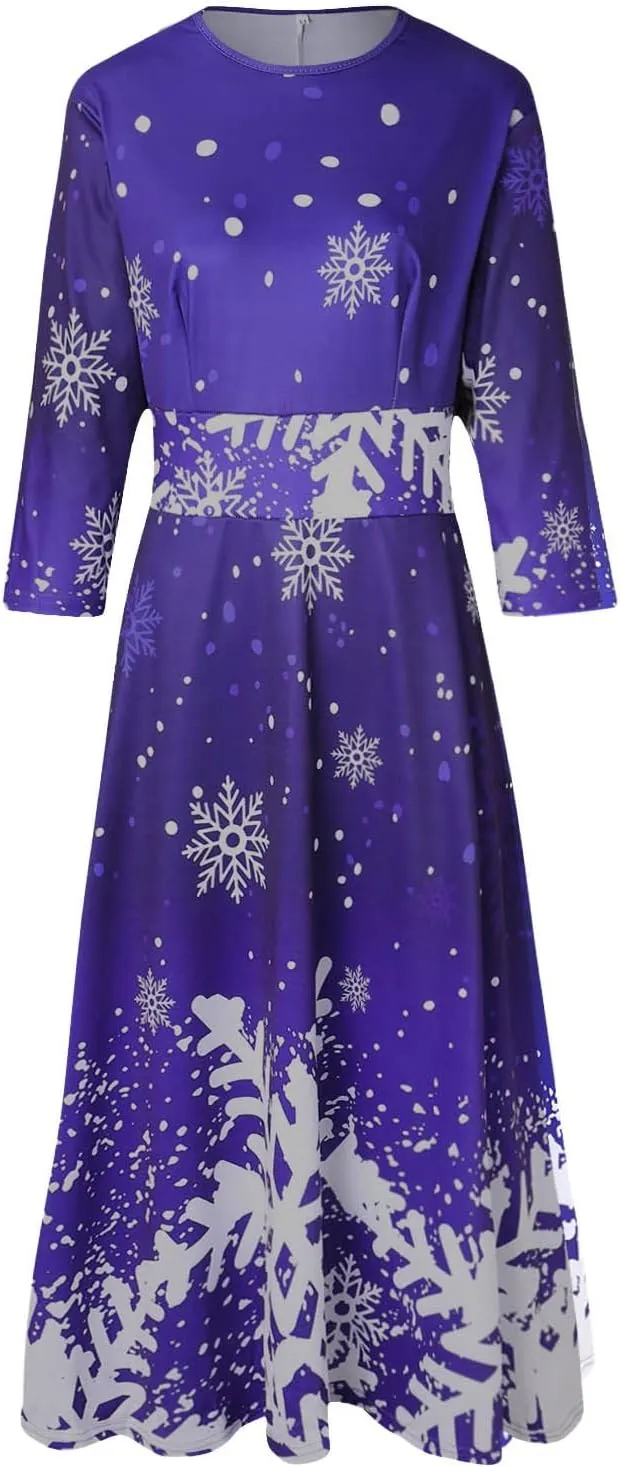 Christmas Dress Retro Fashion Christmas Print Round Neck Half Sleeve Tunic Dress Holiday Party Midi Swing Dress