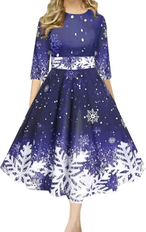 Christmas Dress Retro Fashion Christmas Print Round Neck Half Sleeve Tunic Dress Holiday Party Midi Swing Dress