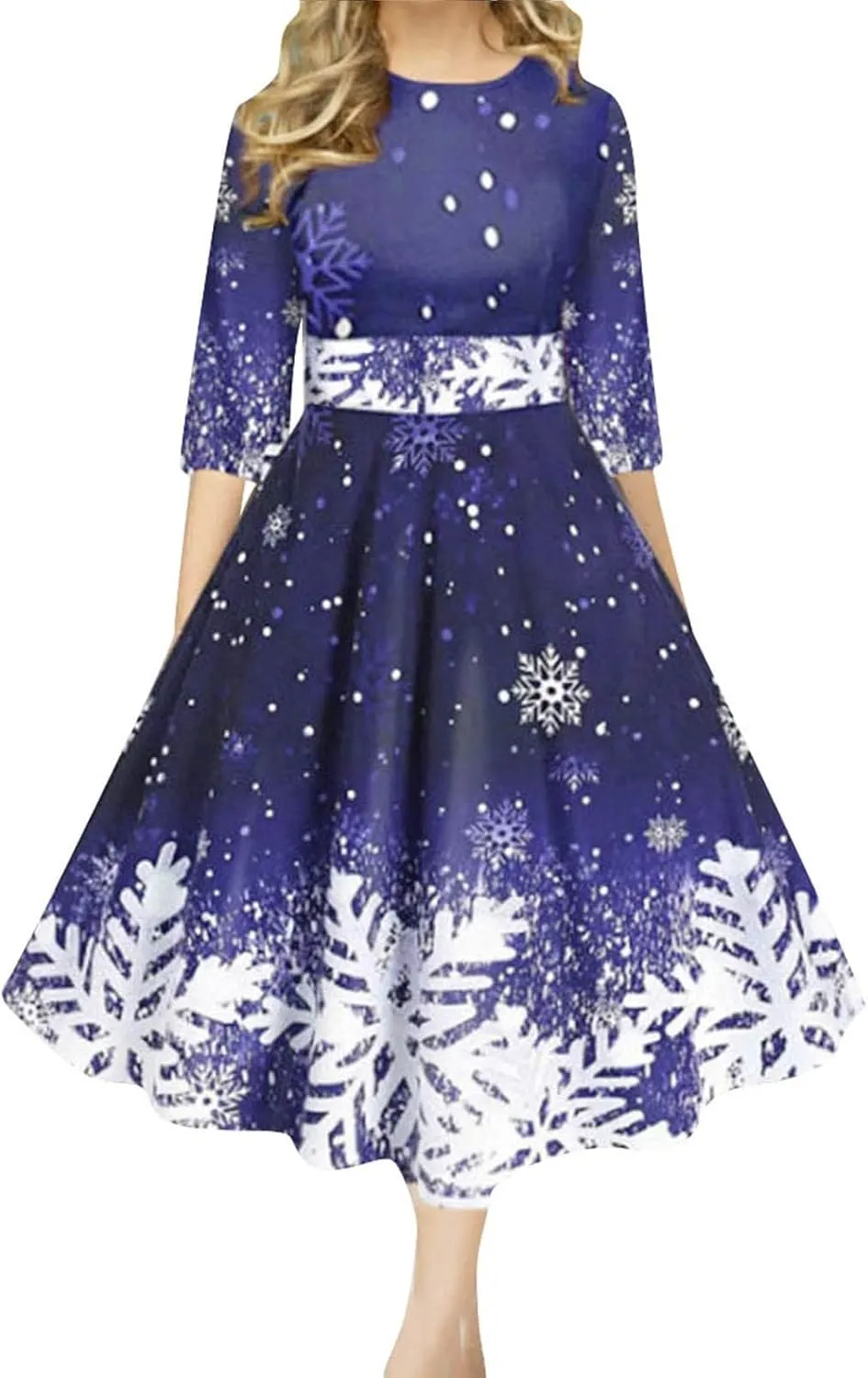 Christmas Dress Retro Fashion Christmas Print Round Neck Half Sleeve Tunic Dress Holiday Party Midi Swing Dress