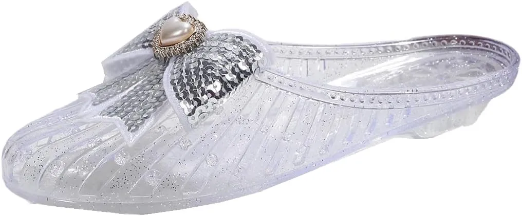 Clear Jelly Slide Sandals for Women Slip On Closed Round Toe Mesh Hollow Flat Mary Jane Mules Beach Slippers Transparent Closed Toe Soft Slide