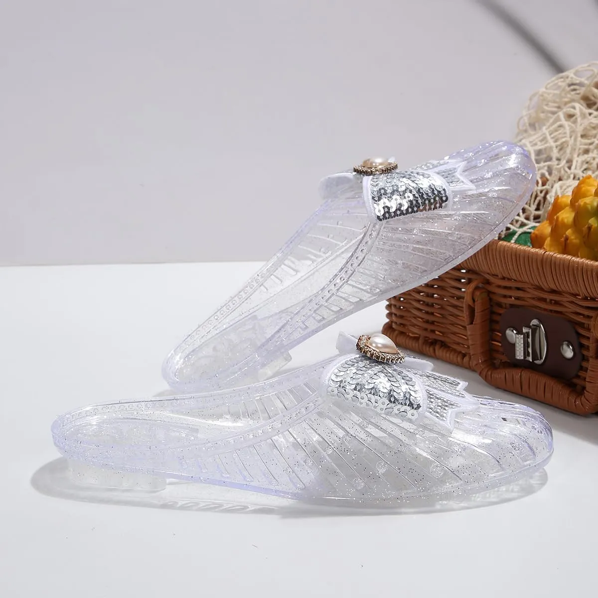 Clear Jelly Slide Sandals for Women Slip On Closed Round Toe Mesh Hollow Flat Mary Jane Mules Beach Slippers Transparent Closed Toe Soft Slide