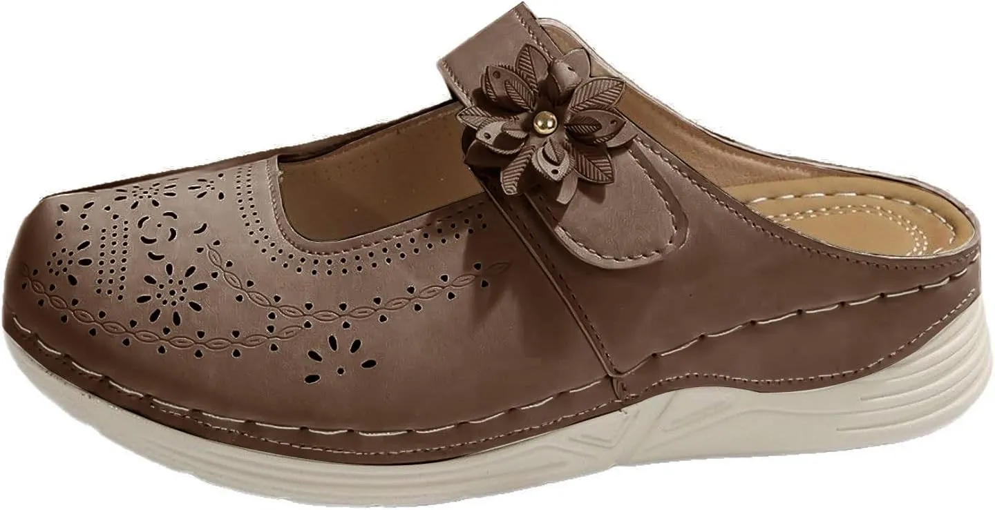Clogs for Women Leather Comfort Mules Hollow Out Flowers Closed Toe Sandals Summer Casual Arch Support Slip On Slippers Walking Shoes