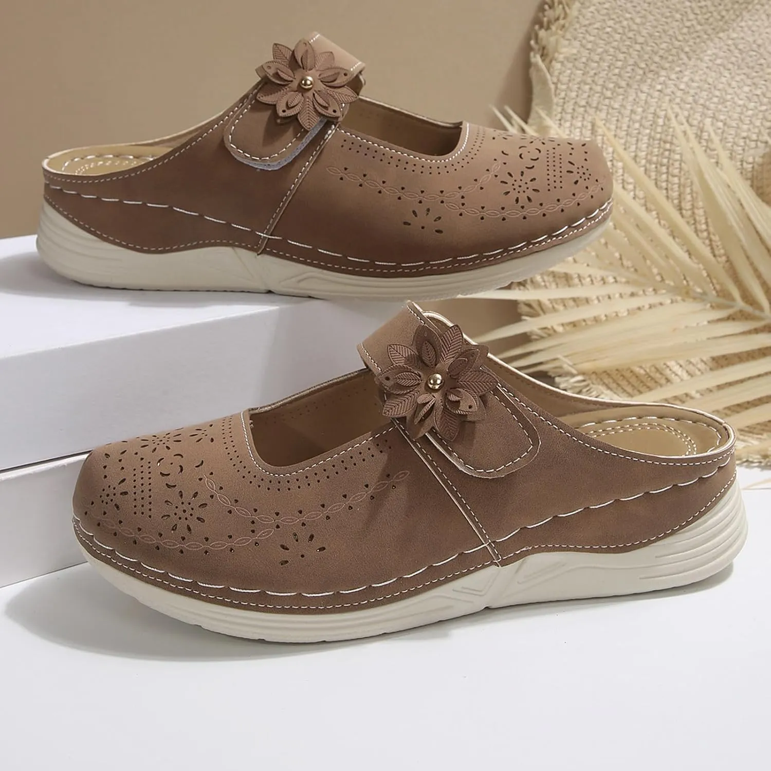 Clogs for Women Leather Comfort Mules Hollow Out Flowers Closed Toe Sandals Summer Casual Arch Support Slip On Slippers Walking Shoes