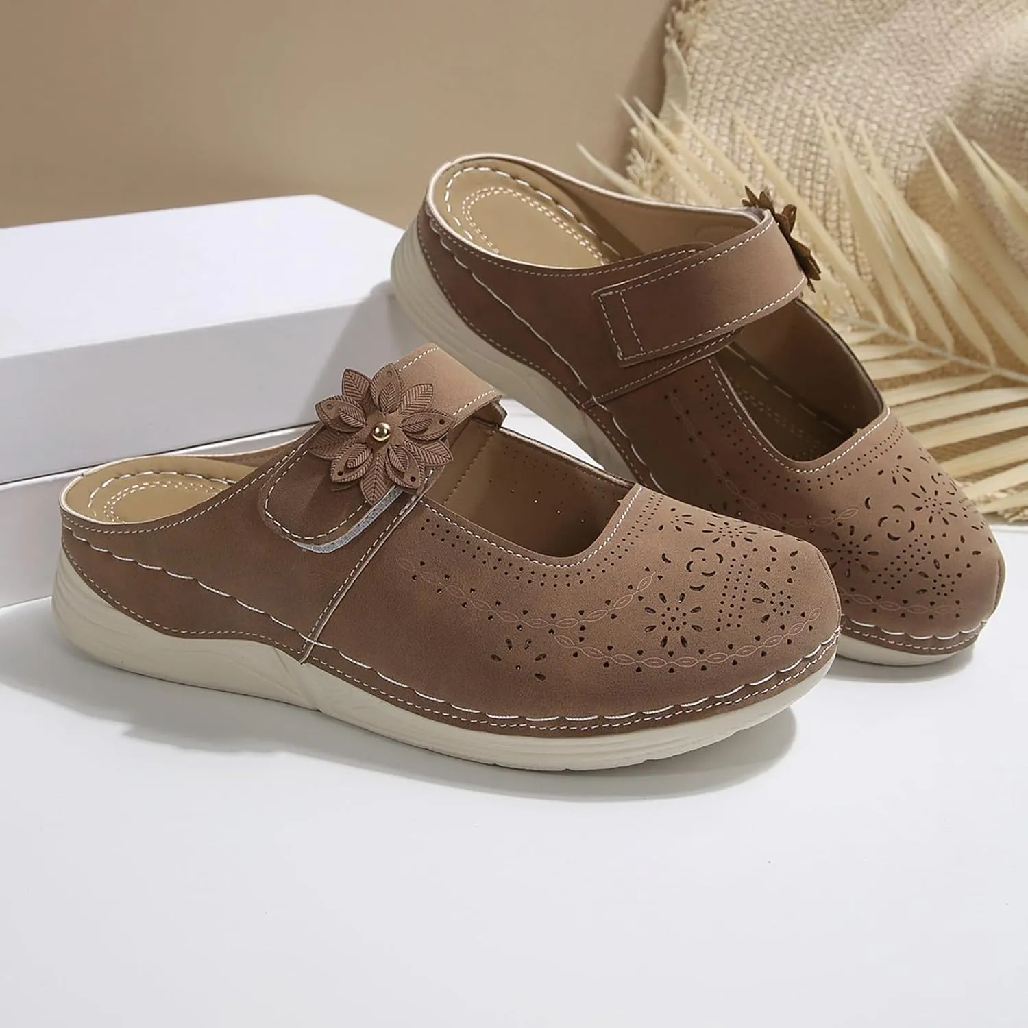 Clogs for Women Leather Comfort Mules Hollow Out Flowers Closed Toe Sandals Summer Casual Arch Support Slip On Slippers Walking Shoes