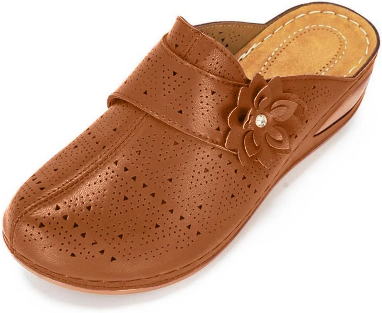 Clogs for Women Mules Shoes Comfortable Closed Toe Slip-On Backless Low Wedge Shoes Flowers Decor Walking Wedges Mules Casual Orthopedic Clog with Arch Support