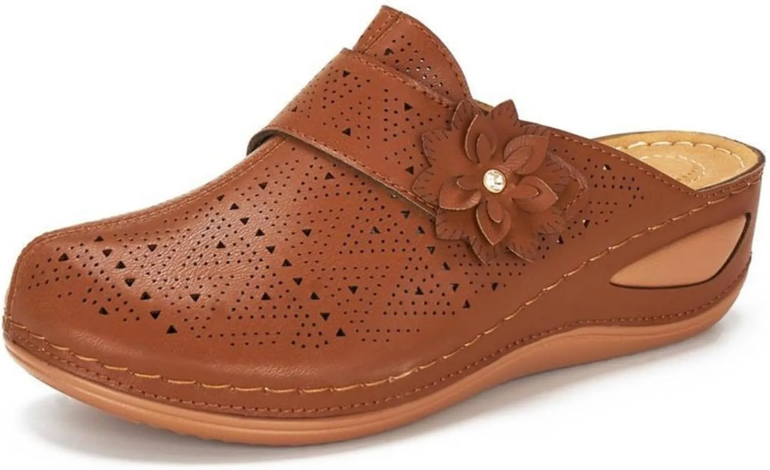 Clogs for Women Mules Shoes Comfortable Closed Toe Slip-On Backless Low Wedge Shoes Flowers Decor Walking Wedges Mules Casual Orthopedic Clog with Arch Support