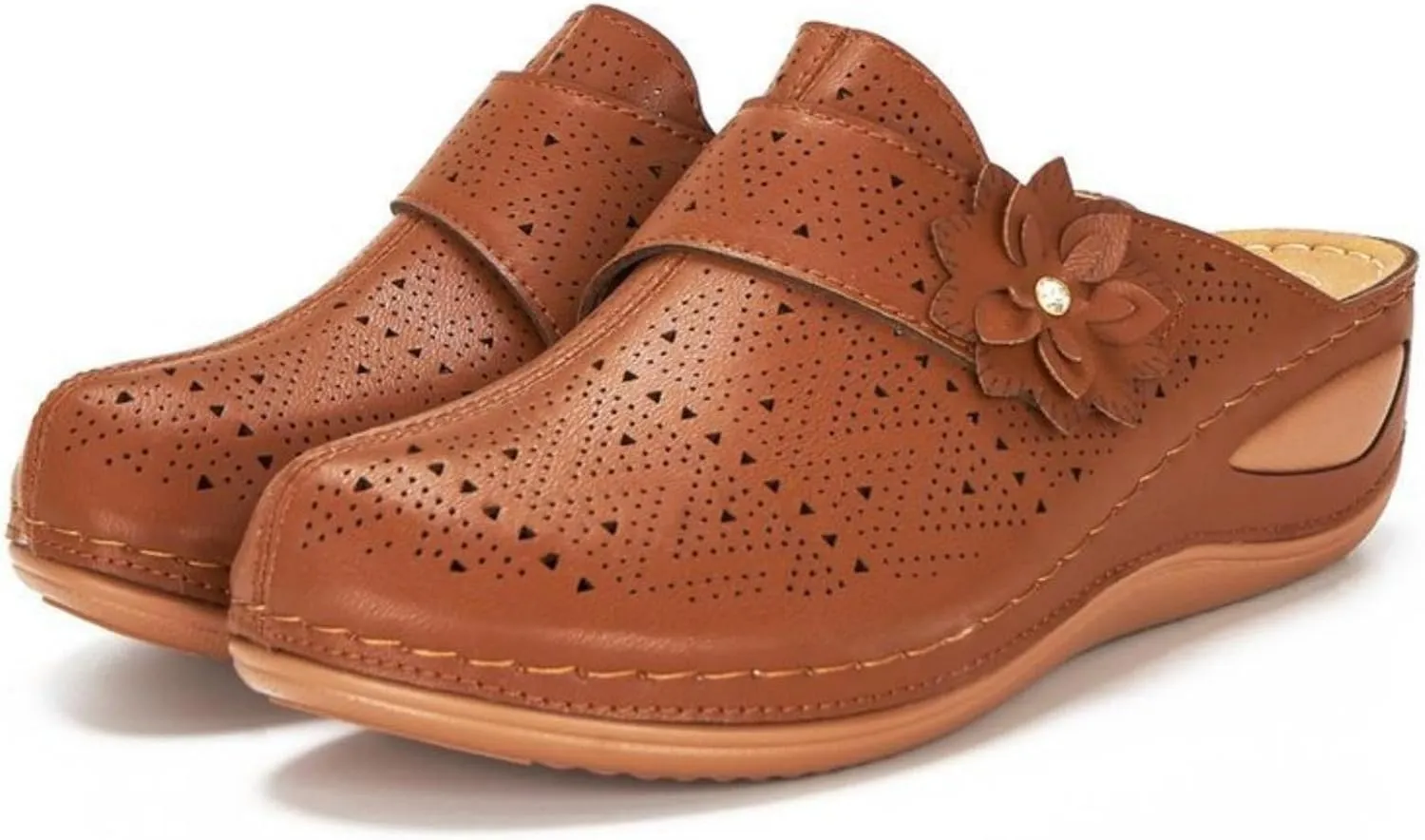 Clogs for Women Mules Shoes Comfortable Closed Toe Slip-On Backless Low Wedge Shoes Flowers Decor Walking Wedges Mules Casual Orthopedic Clog with Arch Support