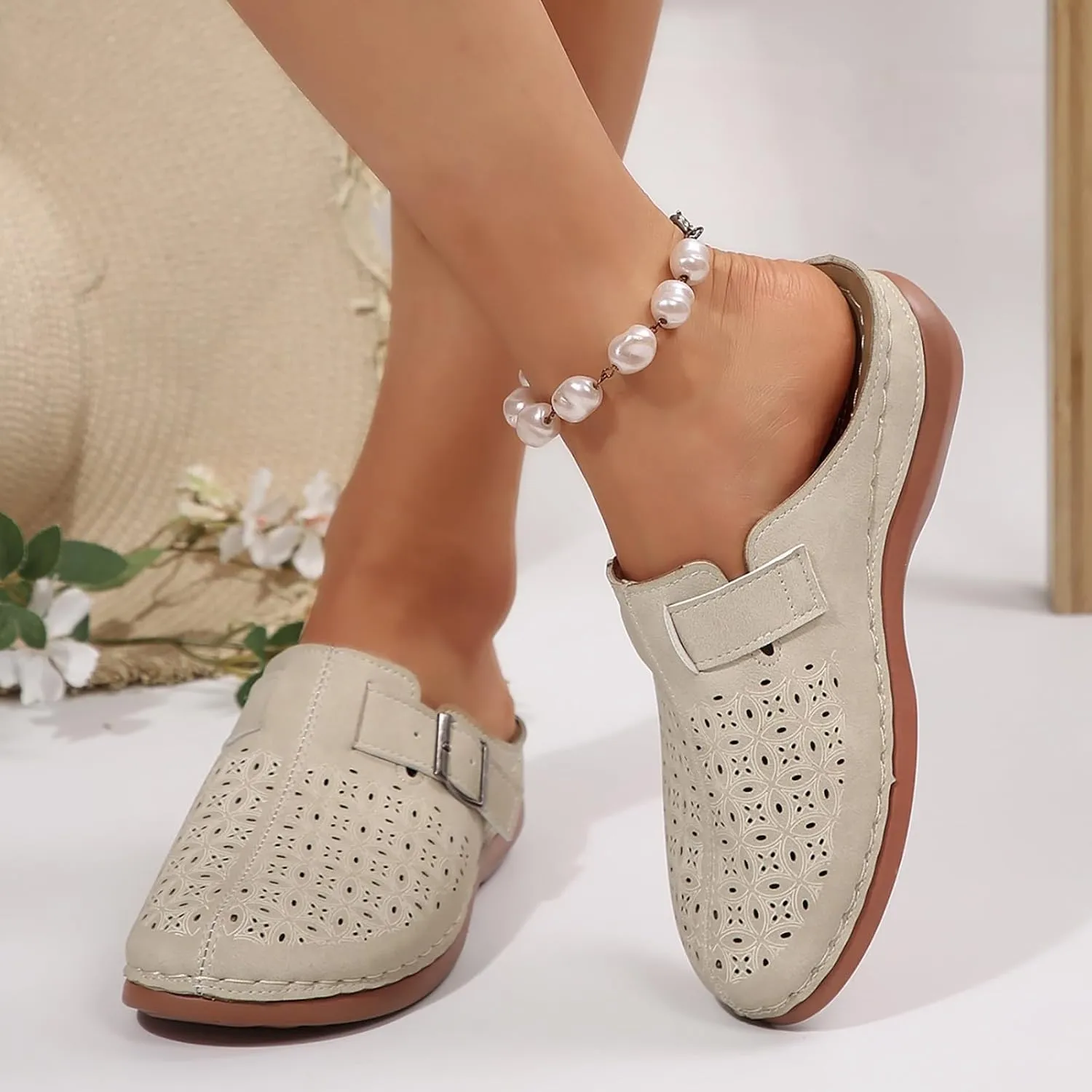 Clogs for Women Mules Shoes Summer Hollow Closed Toe Orthopedic Arch Support Sandals Comfortable Slip on Slippers