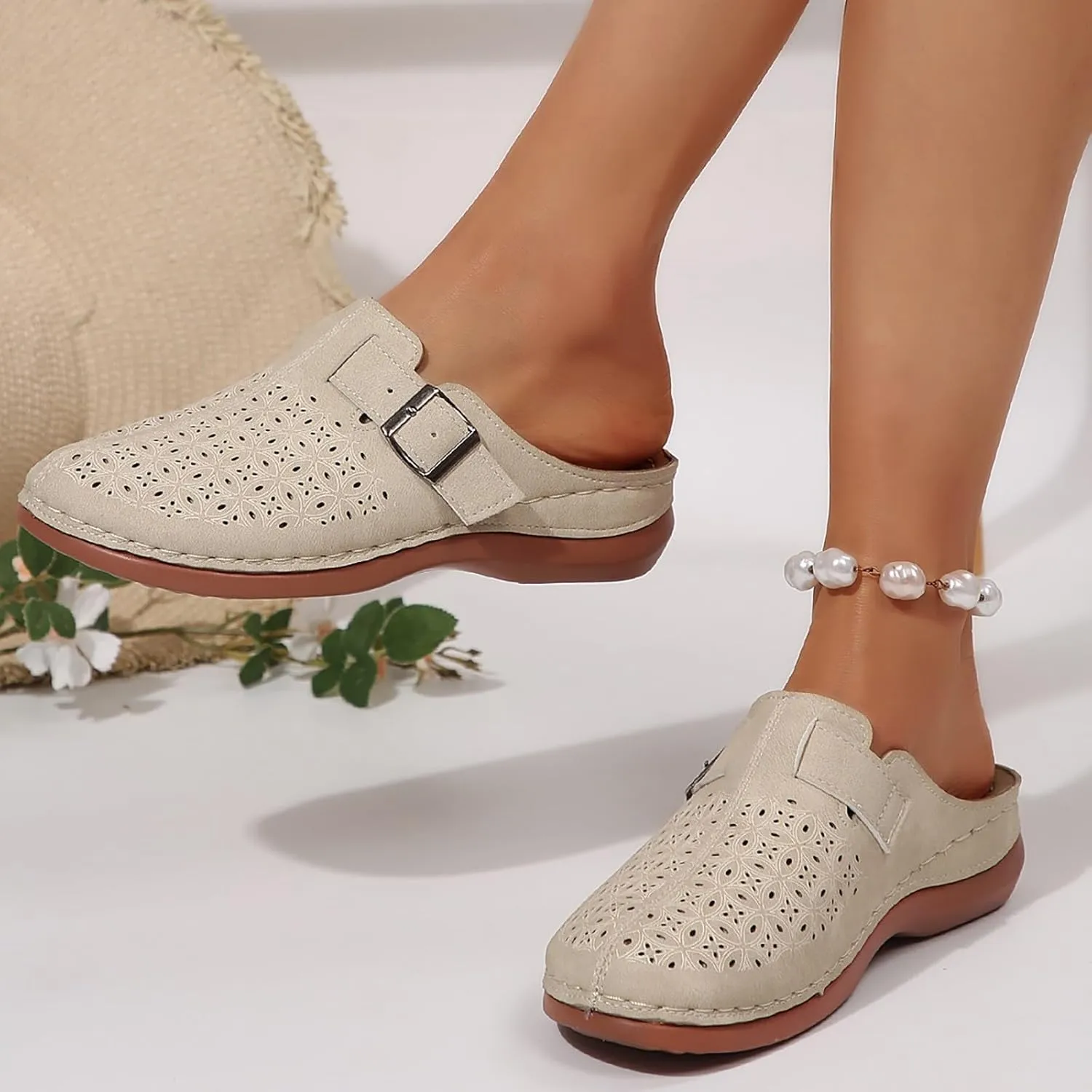 Clogs for Women Mules Shoes Summer Hollow Closed Toe Orthopedic Arch Support Sandals Comfortable Slip on Slippers