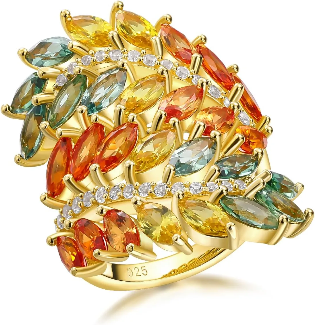 Colorful Leaf Wide Band Ring 925 Sterling Silver Gold Plated Flower Cocktail Statement Rings for Women Girls Size 6 to 10