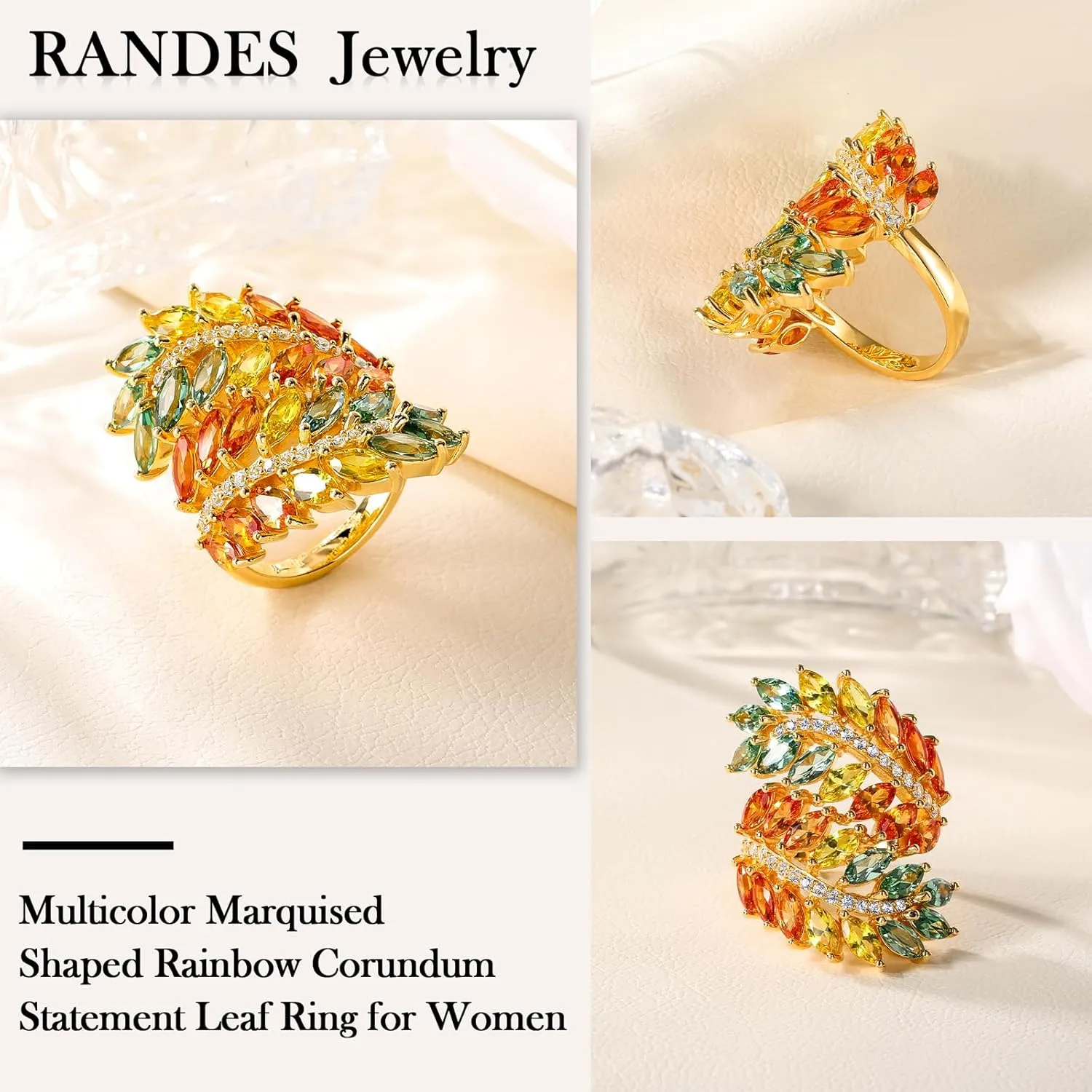 Colorful Leaf Wide Band Ring 925 Sterling Silver Gold Plated Flower Cocktail Statement Rings for Women Girls Size 6 to 10