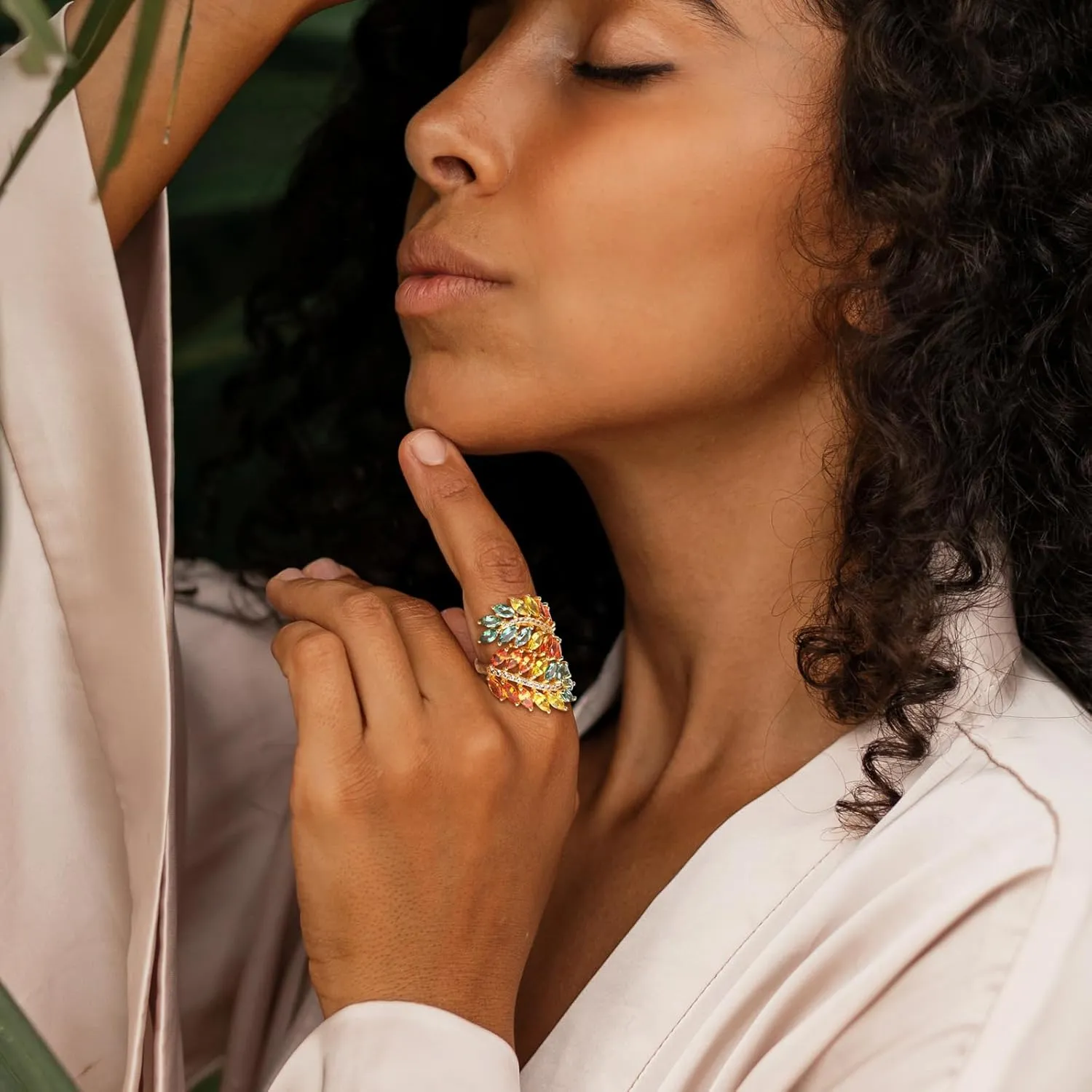 Colorful Leaf Wide Band Ring 925 Sterling Silver Gold Plated Flower Cocktail Statement Rings for Women Girls Size 6 to 10
