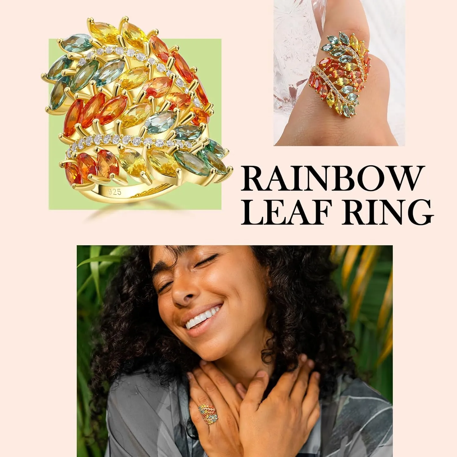 Colorful Leaf Wide Band Ring 925 Sterling Silver Gold Plated Flower Cocktail Statement Rings for Women Girls Size 6 to 10