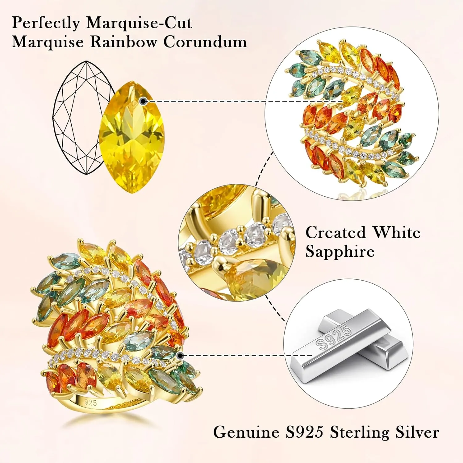 Colorful Leaf Wide Band Ring 925 Sterling Silver Gold Plated Flower Cocktail Statement Rings for Women Girls Size 6 to 10