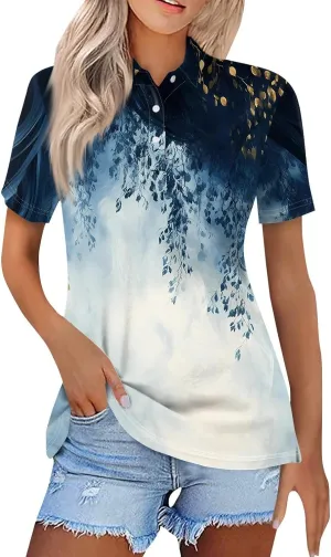 COTECRAM Womens Short Sleeve Polo T Shirts Fashion Button Lapel Collared Graphic Summer Tops Loose Business Casual Blouses