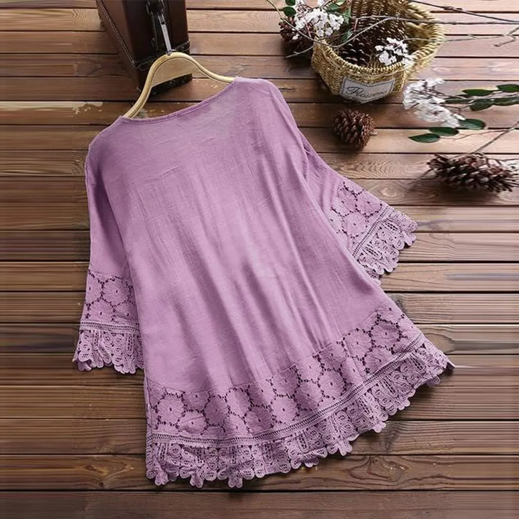 Cotton Linen Blouse for Women Summer Boho Loose 3/4 Sleeve Lace Patchwork Pullover Tunic Tops Hollow Out Leisure T-Shirt
