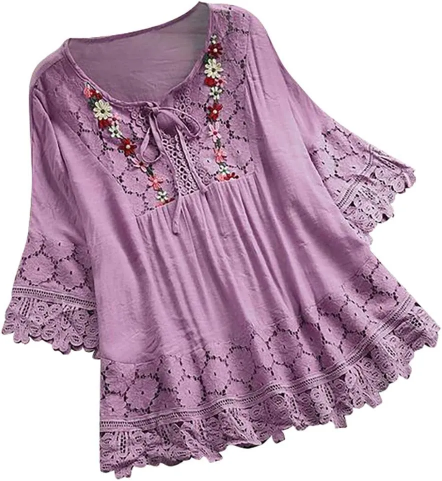 Cotton Linen Blouse for Women Summer Boho Loose 3/4 Sleeve Lace Patchwork Pullover Tunic Tops Hollow Out Leisure T-Shirt