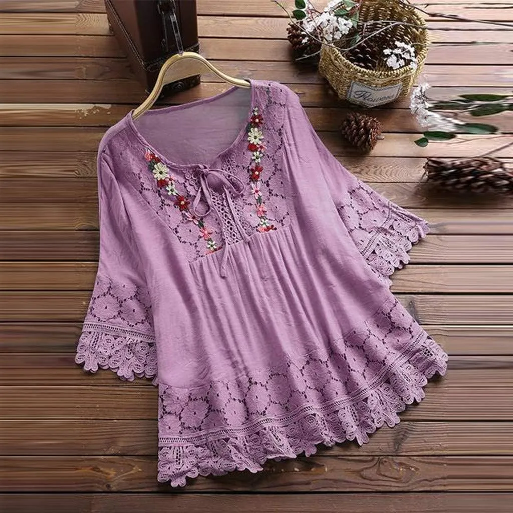 Cotton Linen Blouse for Women Summer Boho Loose 3/4 Sleeve Lace Patchwork Pullover Tunic Tops Hollow Out Leisure T-Shirt