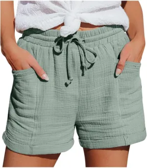 Cotton Linen Shorts for Women Drawstring Elastic High Waist Casual Summer Shorts Lightweight Baggy Comfy Shorts with Pockets