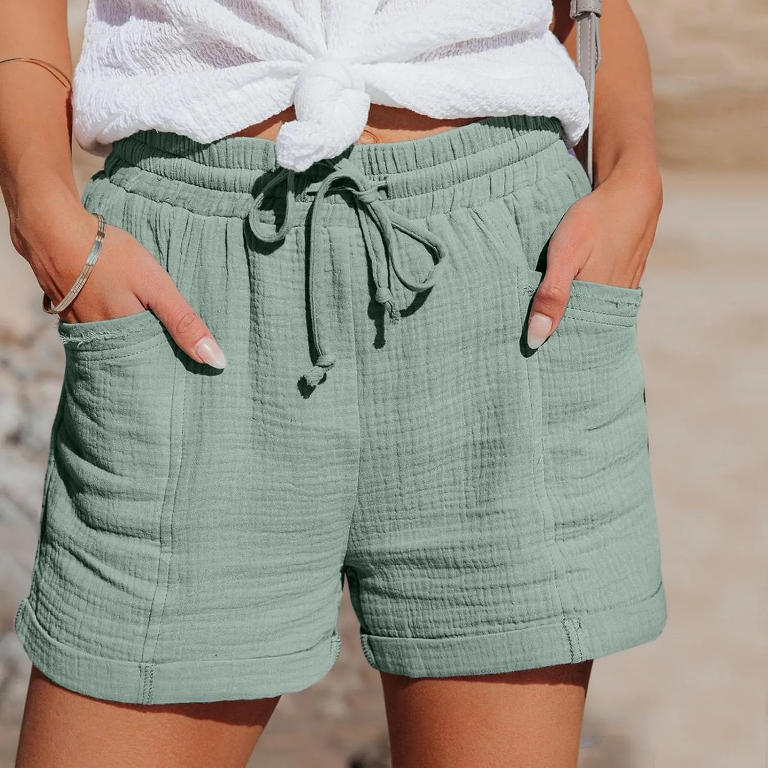 Cotton Linen Shorts for Women Drawstring Elastic High Waist Casual Summer Shorts Lightweight Baggy Comfy Shorts with Pockets