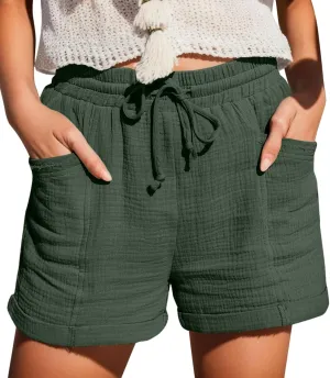 Cotton Linen Shorts for Women Drawstring Elastic High Waist Casual Summer Shorts Lightweight Baggy Comfy Shorts with Pockets