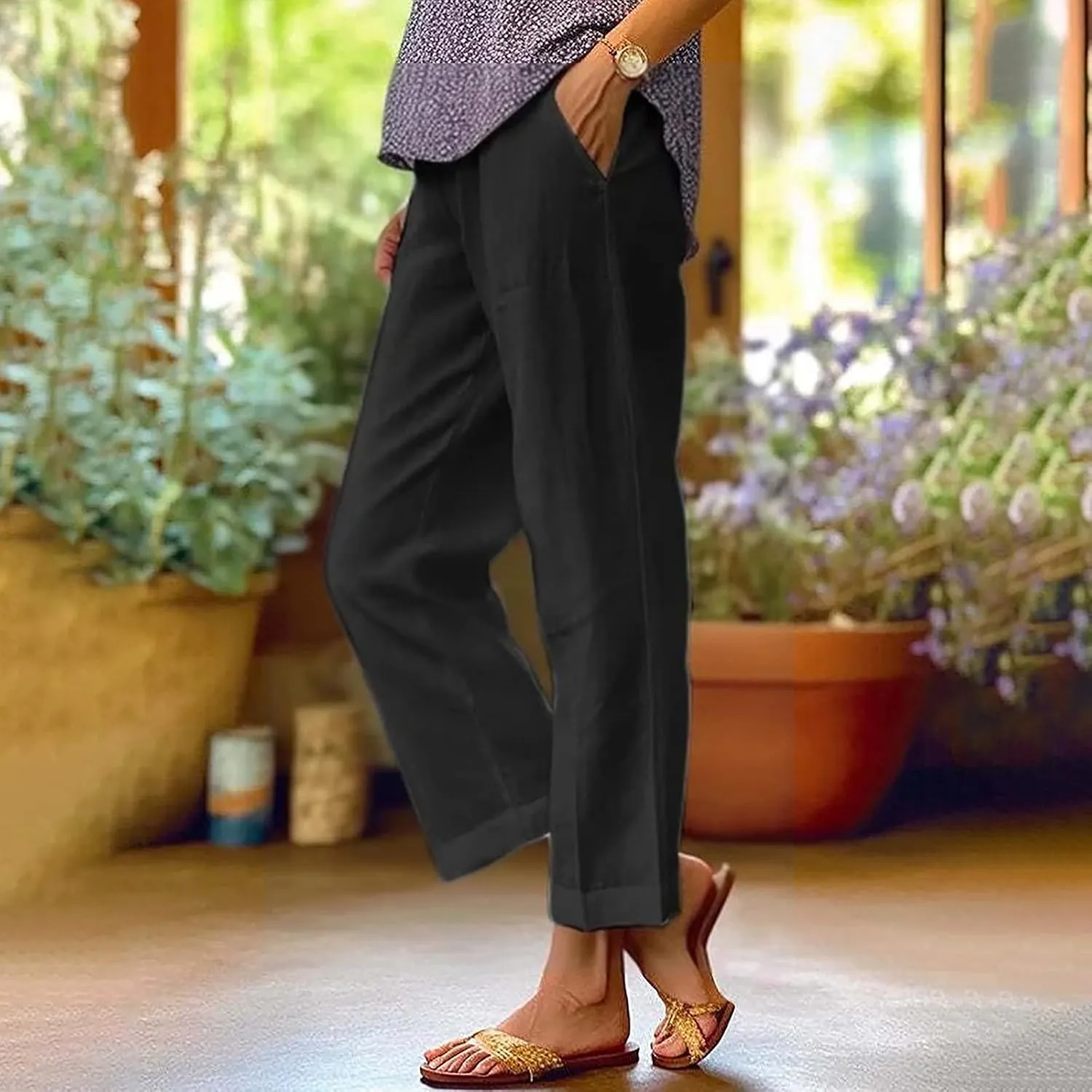 Cropped Linen Pants Women Summer Elastic Waist Straight Leg Slit Plus Size Pant Casual Trousers with Pockets