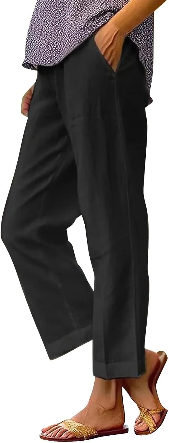 Cropped Linen Pants Women Summer Elastic Waist Straight Leg Slit Plus Size Pant Casual Trousers with Pockets