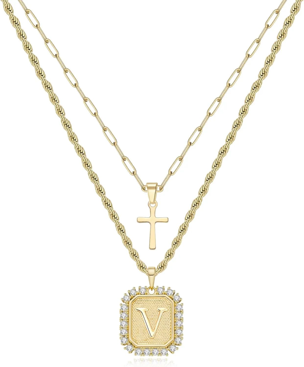 Cross Necklace for Women Layered Gold Necklaces Square Initial Pendant Layering Rope Chain Birthday Gifts for Teen Girls