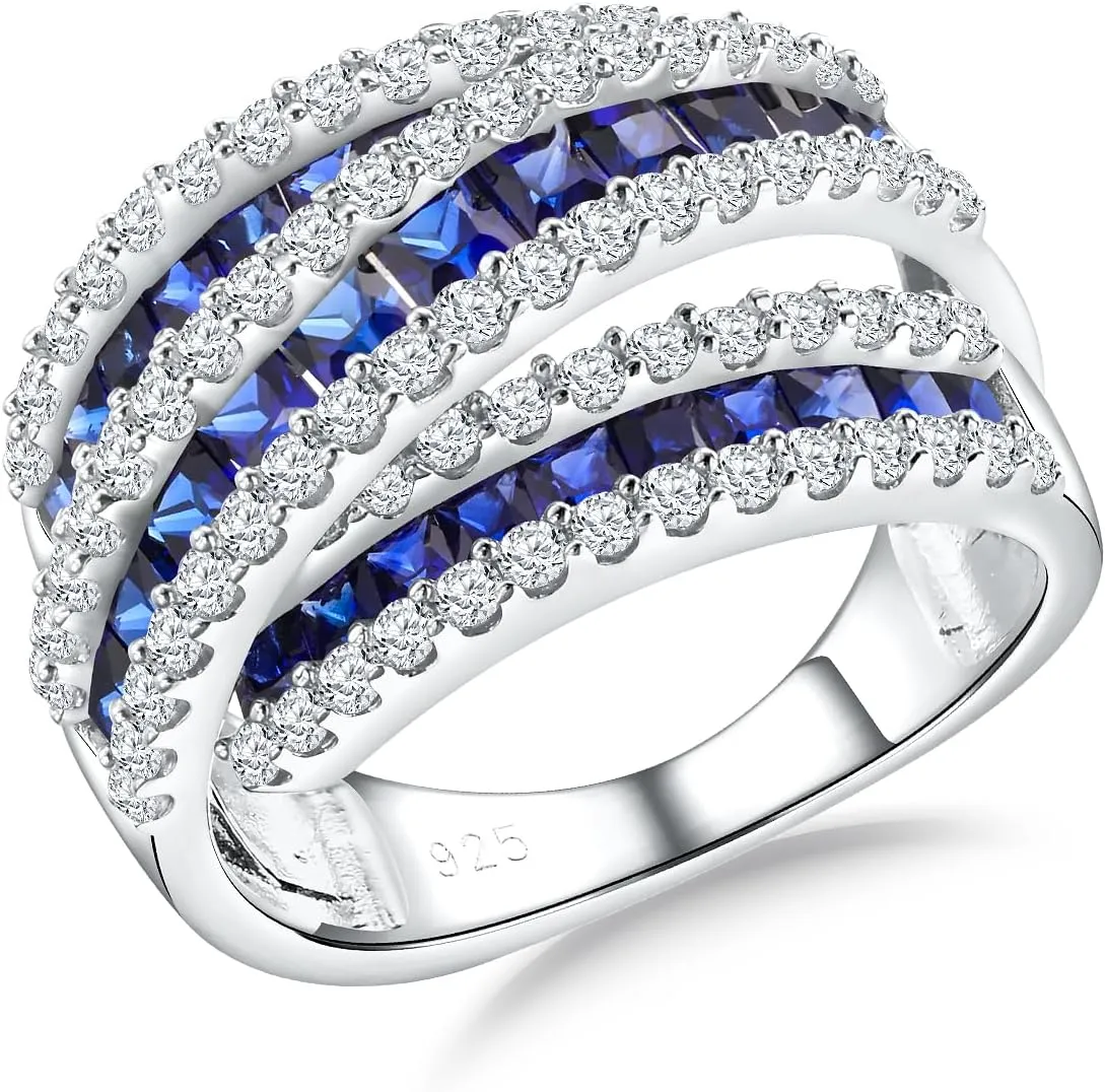 Crossover Statement Ring Wedding Bands 925 Sterling Silver Created Gemstone Chunky Wide Band Rings for Women Men Cocktail Anniversary Jewelry Size 6-10 (with Gift Box)