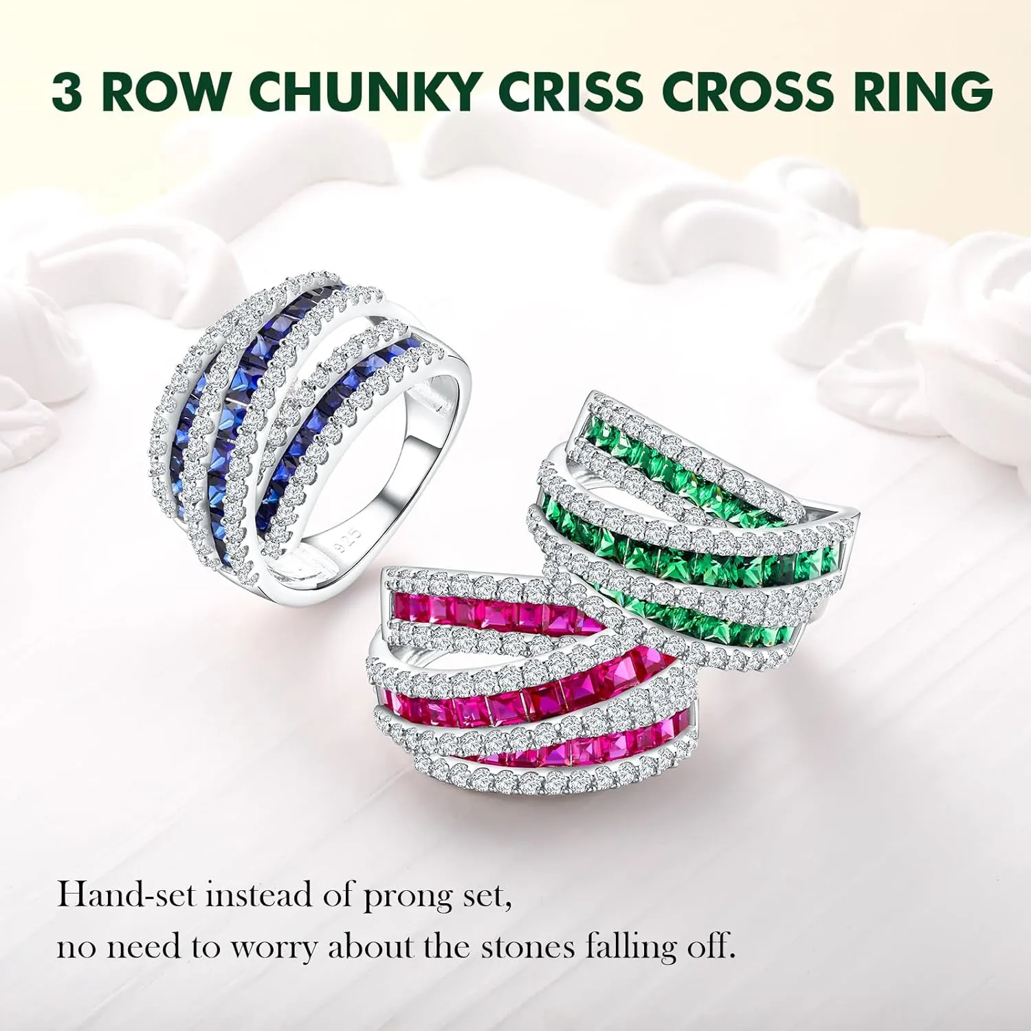 Crossover Statement Ring Wedding Bands 925 Sterling Silver Created Gemstone Chunky Wide Band Rings for Women Men Cocktail Anniversary Jewelry Size 6-10 (with Gift Box)