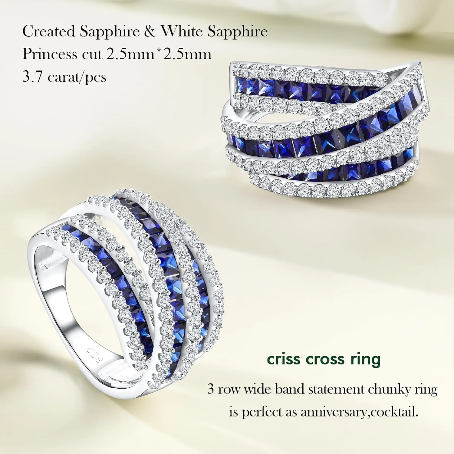 Crossover Statement Ring Wedding Bands 925 Sterling Silver Created Gemstone Chunky Wide Band Rings for Women Men Cocktail Anniversary Jewelry Size 6-10 (with Gift Box)