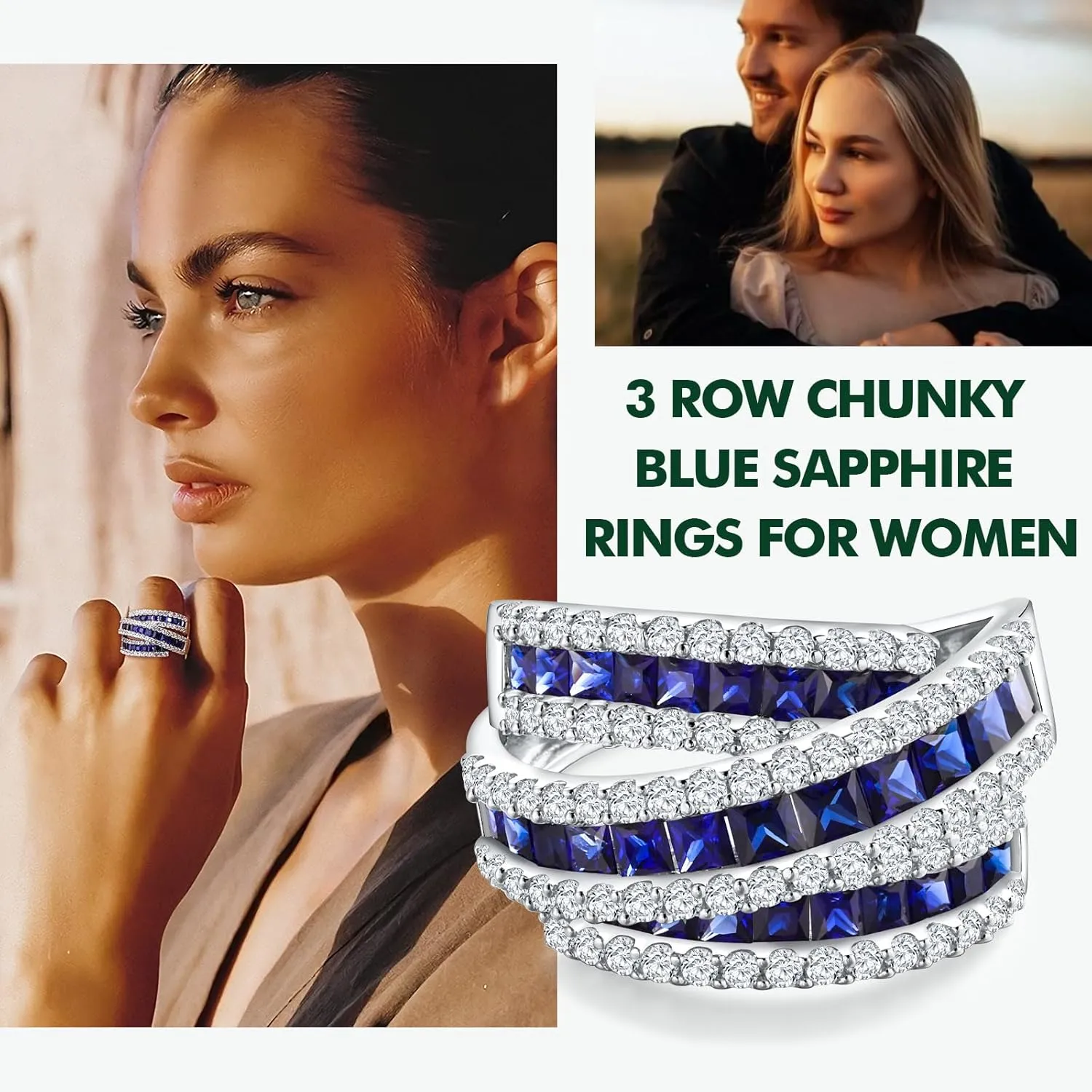 Crossover Statement Ring Wedding Bands 925 Sterling Silver Created Gemstone Chunky Wide Band Rings for Women Men Cocktail Anniversary Jewelry Size 6-10 (with Gift Box)