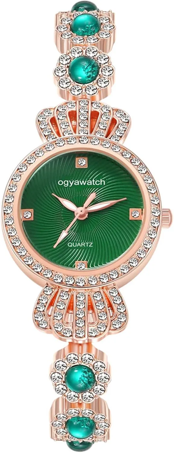 Crown-Shaped Lugs Green Crystal Bracelet Watches Analog Quartz Ladies Dress Watches