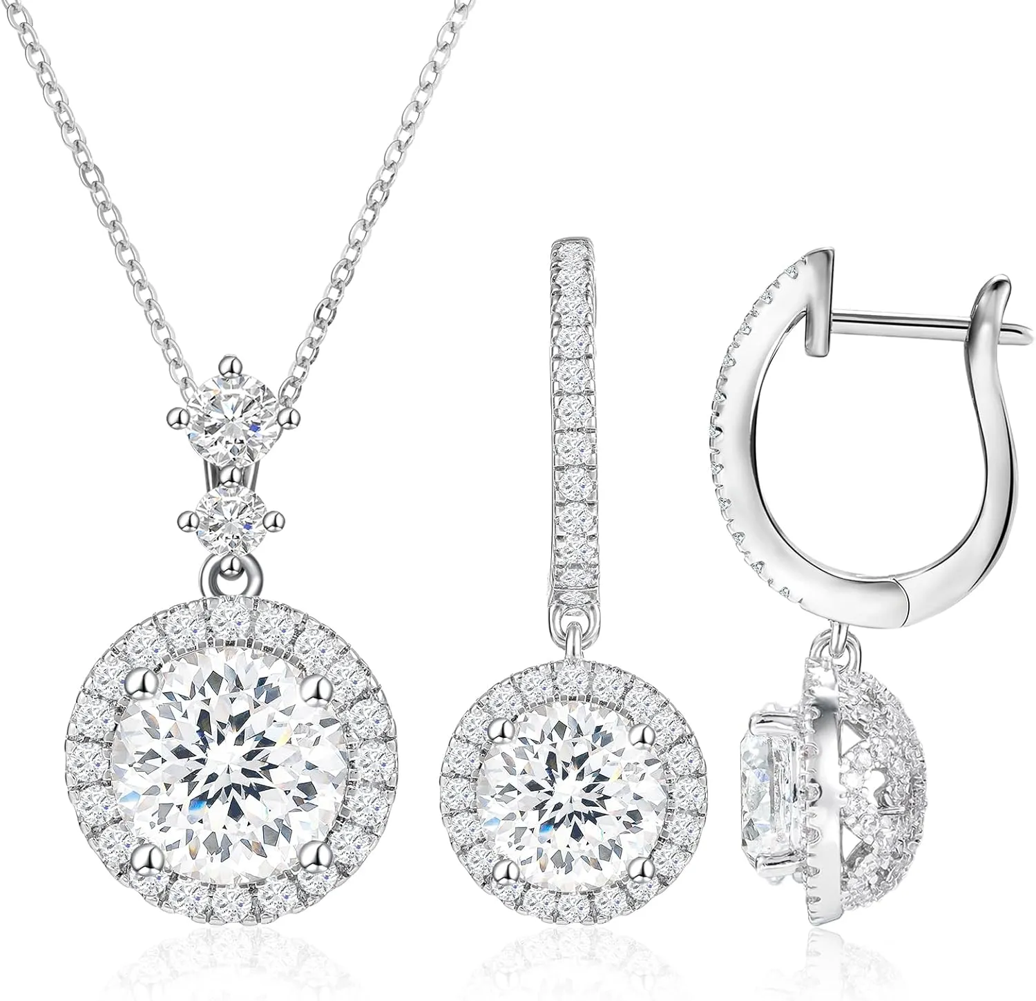 Cubic Zirconia Women Jewelry Set White Gold Plated Round Halo Pendant Necklace and Half Ball Earrings Dangly, Birthday Anniversary Wedding Christmas Iced Flower Jewelry Gifts for Women