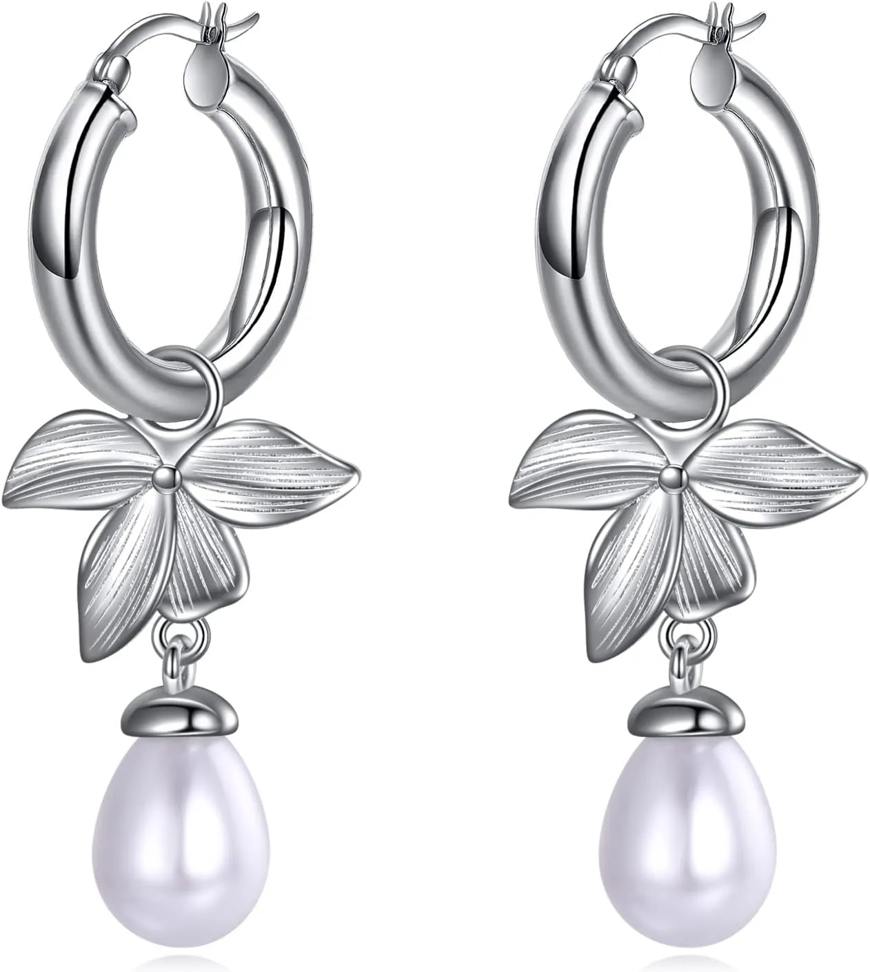 Cultured Pearl Hoop Earrings Sterling Silver Hoop Dangle Earrings Leaf Jewelry Gifts for Women
