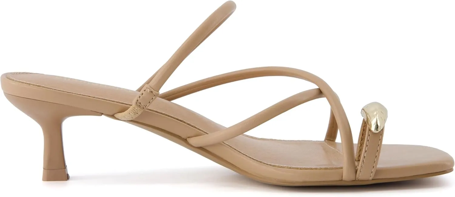 CUSHIONAIRE Maui Womens Strappy Toe-Ring Slip On Kitten Heel  Vegan Leather Dress Sandal   Memory Foam