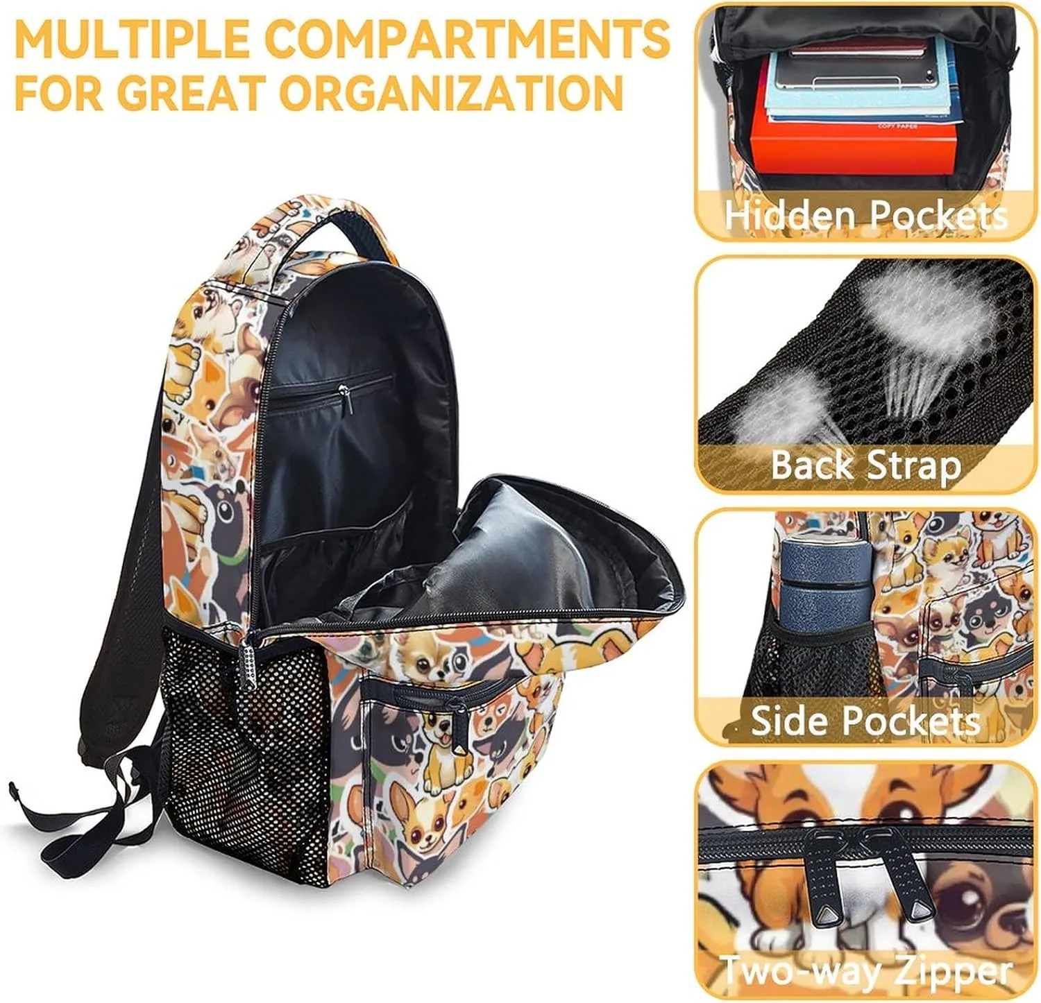 Custom Chihuahua Dog Backpacks Kids, 16 Inch Cute Backpack for School, Yellow Lightweight Bookbag for Girls