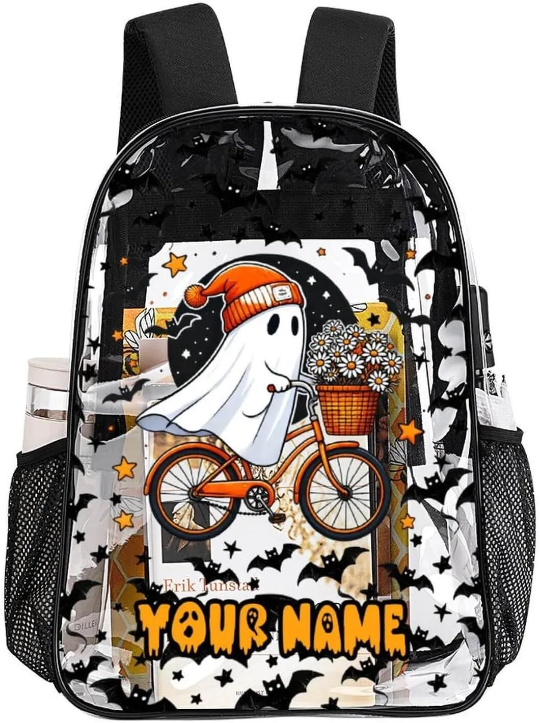 Custom Halloween Clear Backpack Heavy Duty for Girls Kids Boys Women Men - Large Cute PVC Halloweens Theme Printing Transparent Backpacks for Schools Stadium Concerts Work - Clear/Black