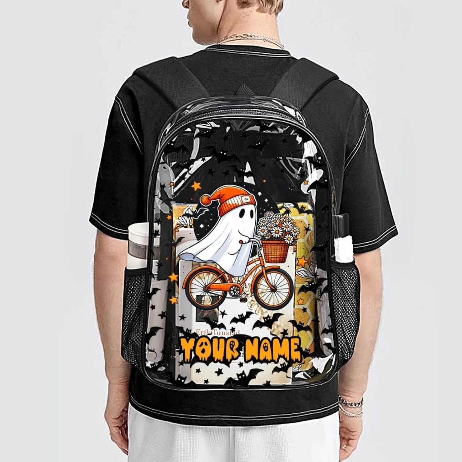 Custom Halloween Clear Backpack Heavy Duty for Girls Kids Boys Women Men - Large Cute PVC Halloweens Theme Printing Transparent Backpacks for Schools Stadium Concerts Work - Clear/Black